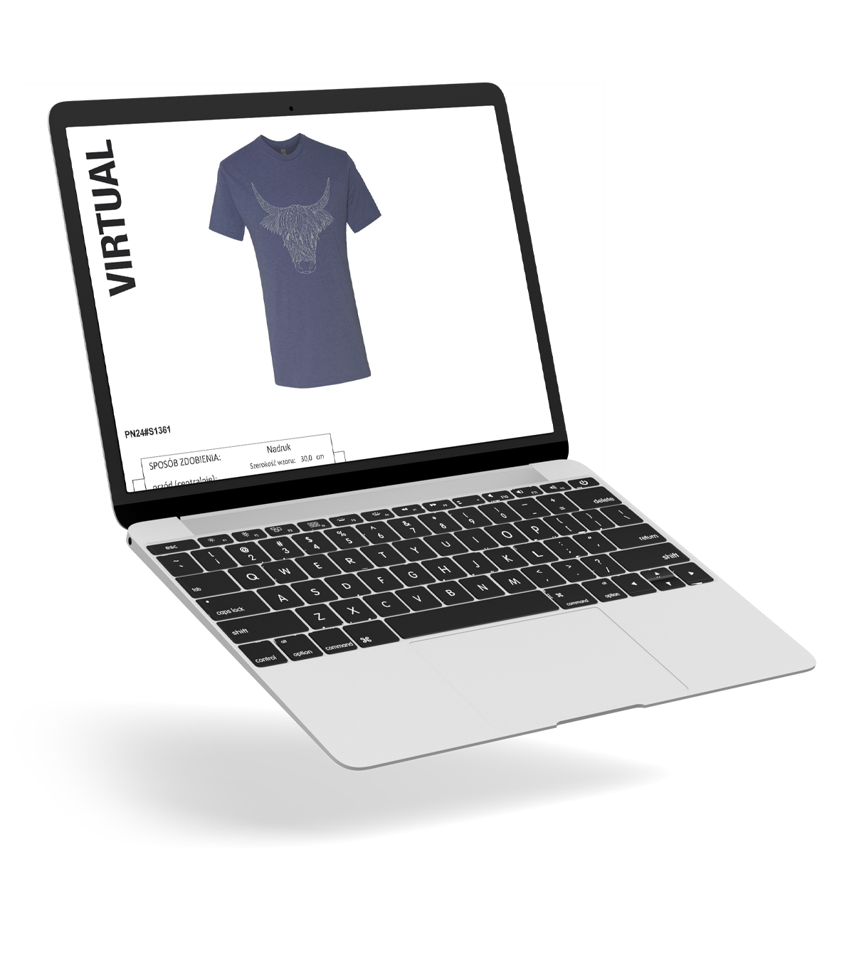 T-shirt digital proof preview on laptop for print verification. Digital proof of a T-shirt design displayed on a laptop screen.